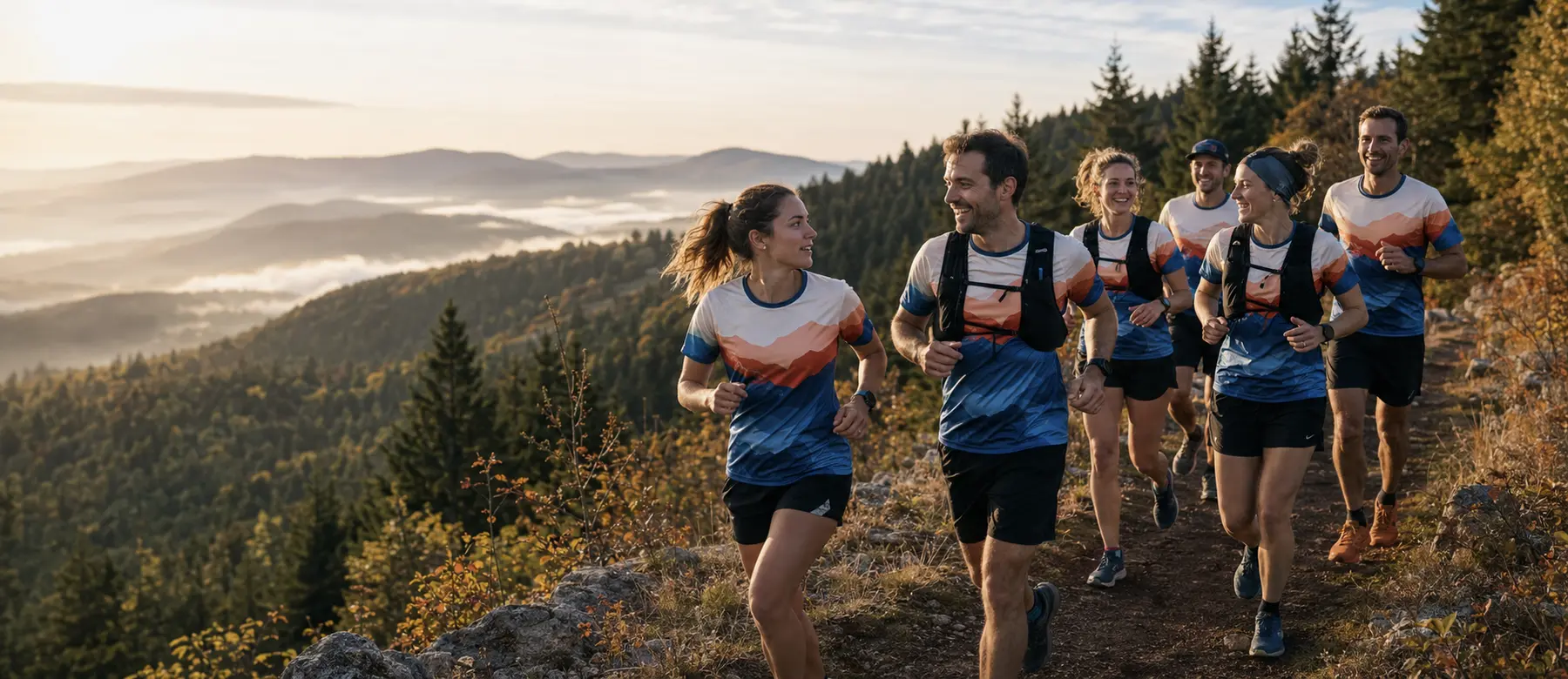 Équipe de trail portant des maillots techniques personnalisés dans les Vosges